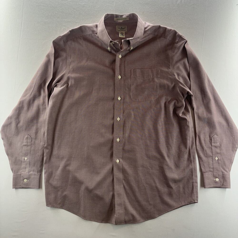 LL Bean Mens Large White Maroon Houndstooth Cotton Button Down Shirt 0FKD3